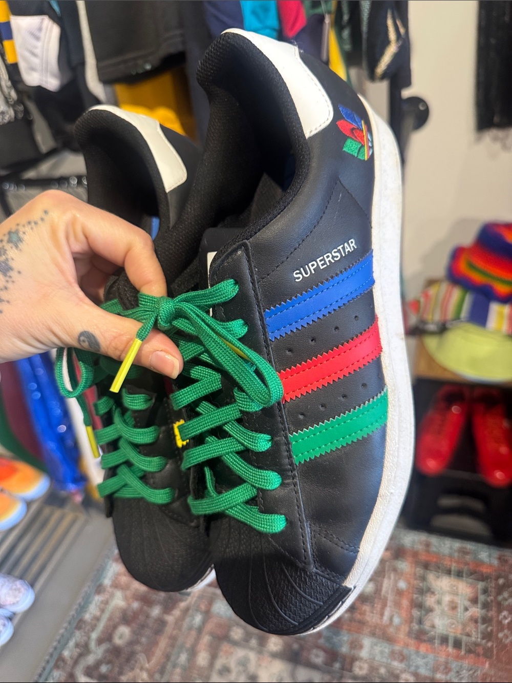 Adidas Superstar Sneakers in Black with Green, Red & Blue Stripes